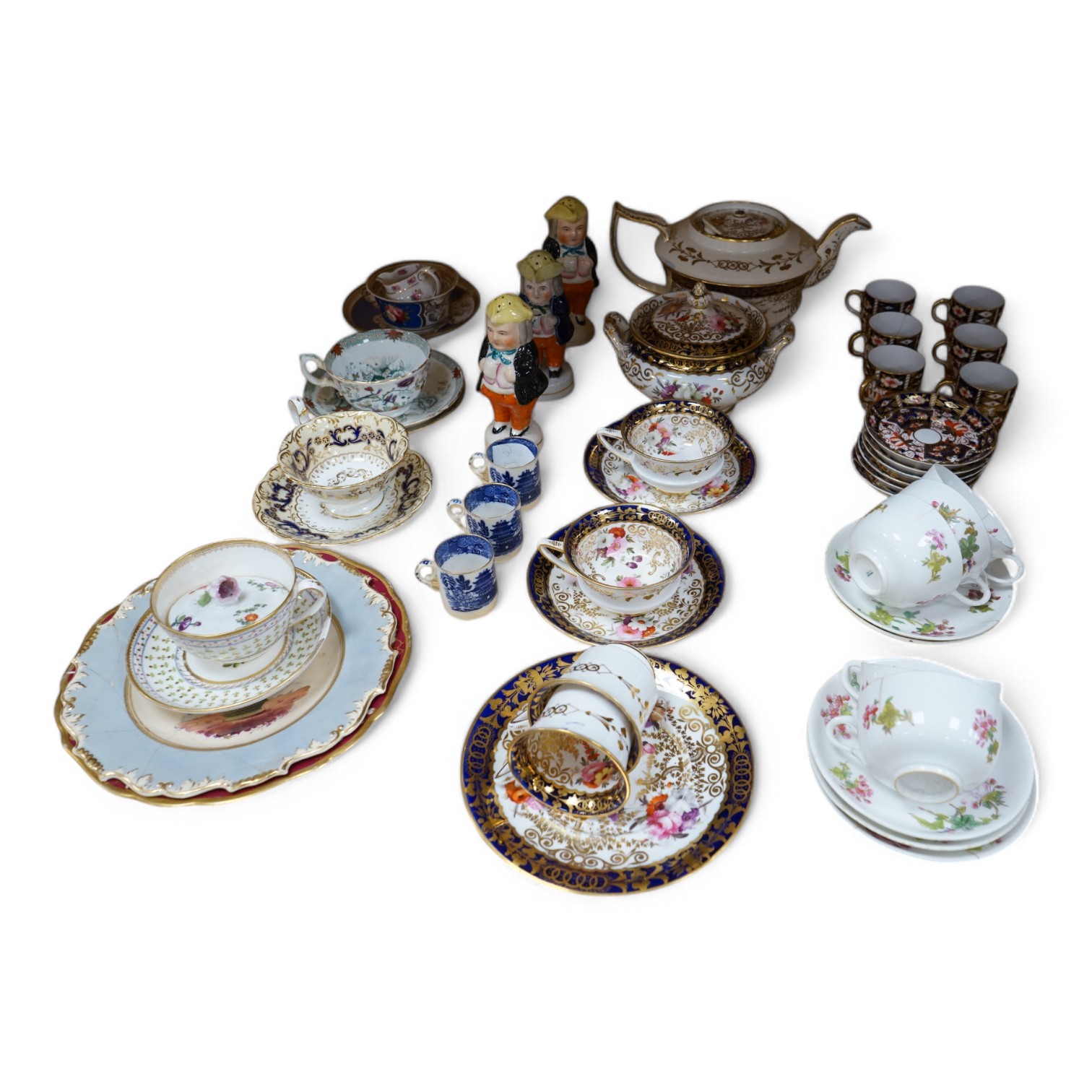 An English part teaset, c.1825 and six Royal Crown Derby coffee cans and saucers etc. Condition - some items cracked chipped and losses to gilding, teapot cover finial broken